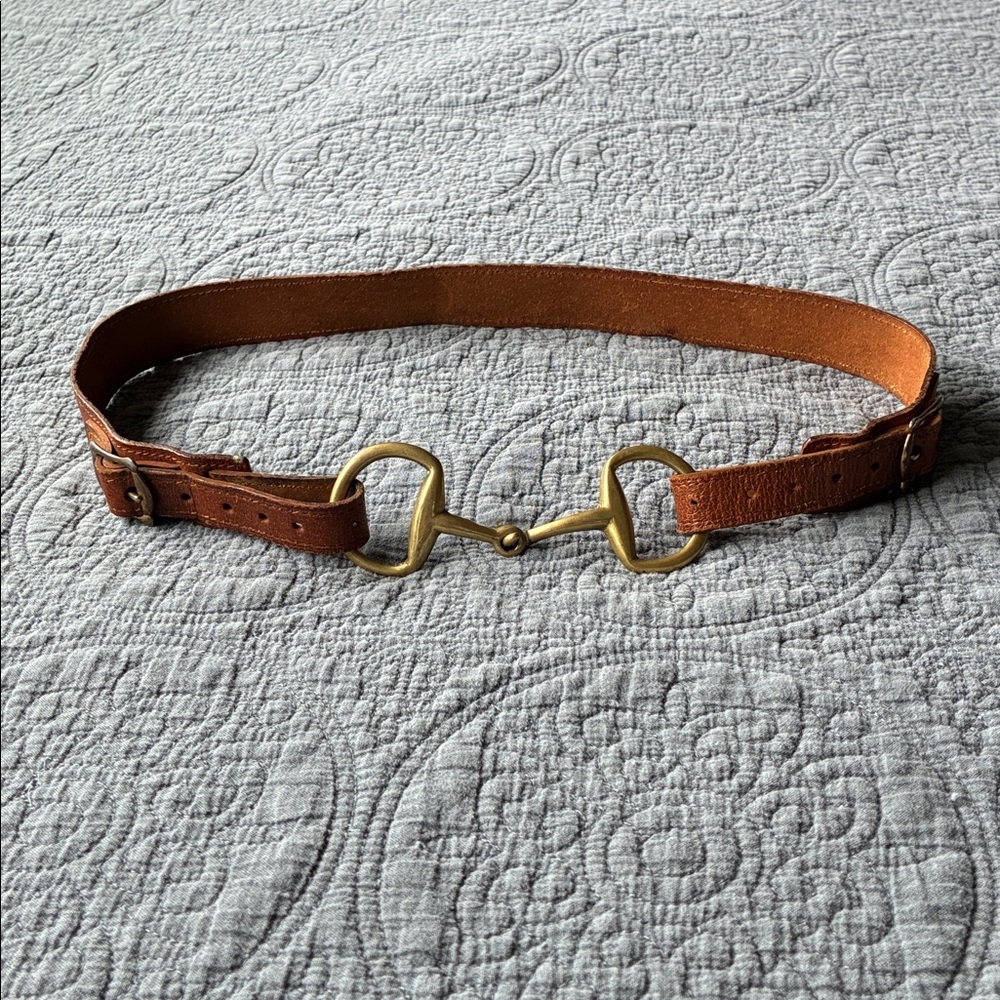 Vintage Brass Horse Bit Buckle Adjustable Brown Leather Belt